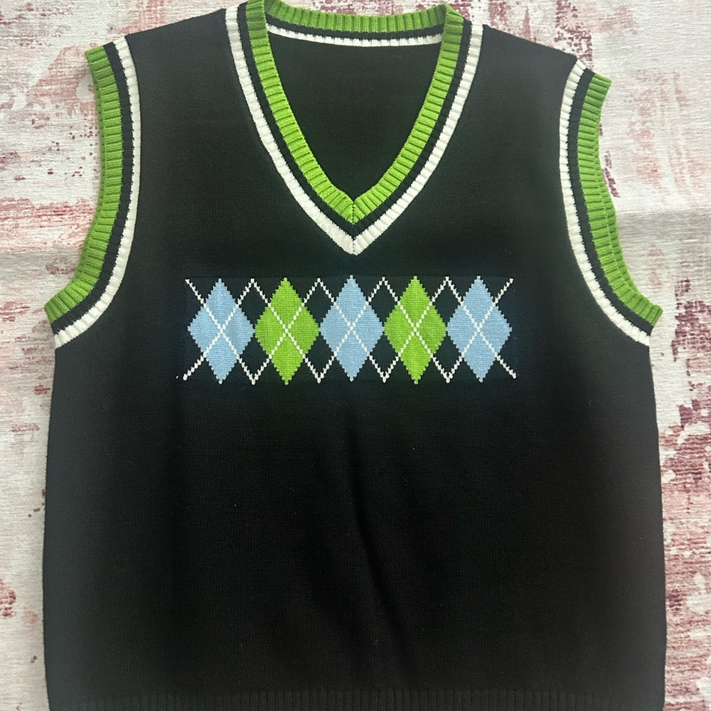 Women’s Black and Green Argyle Sweater Vest